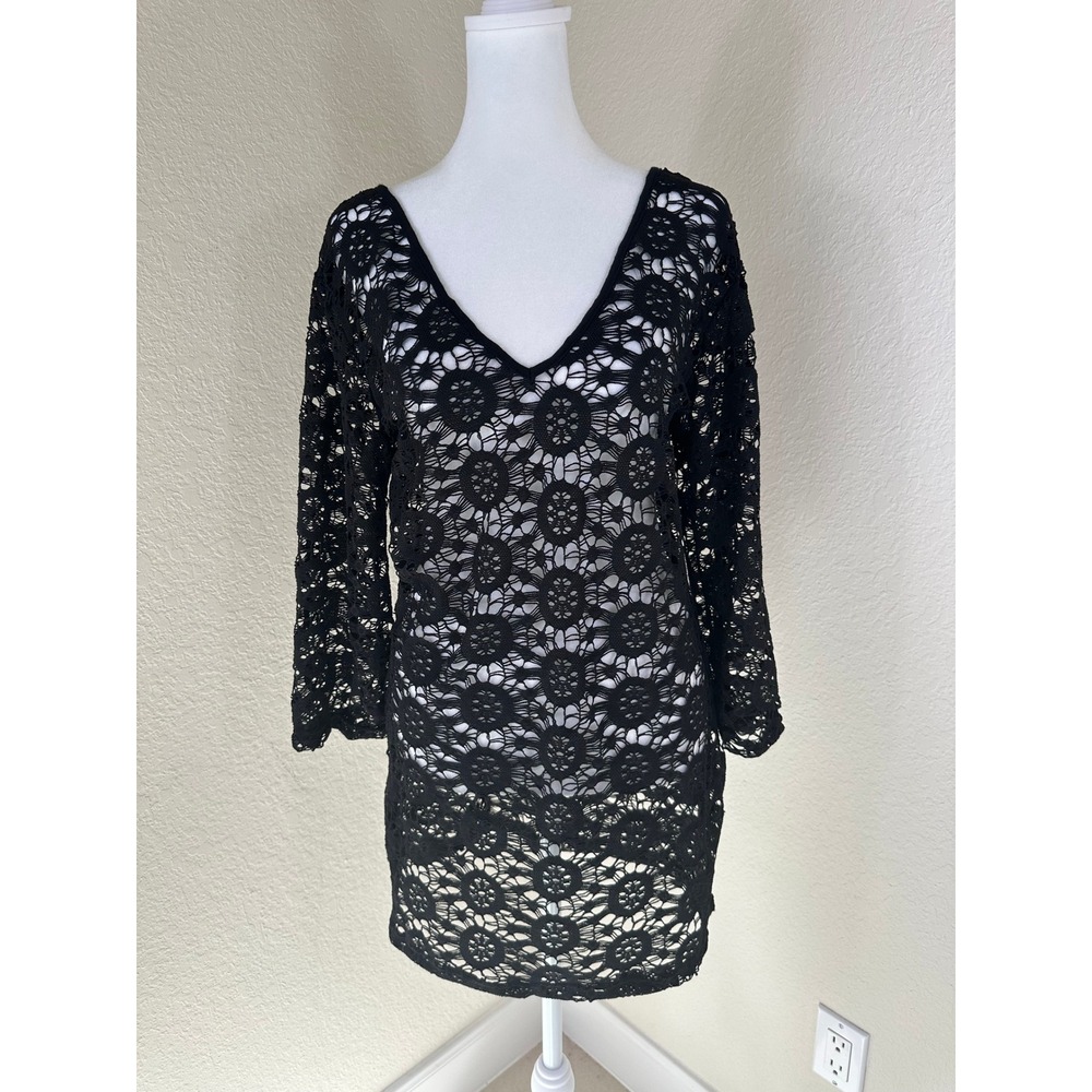 Blue Island Crochet Cover Up Women S Black Boho Beach V-Neck Coastal Resortwear - Picture 2 of 6